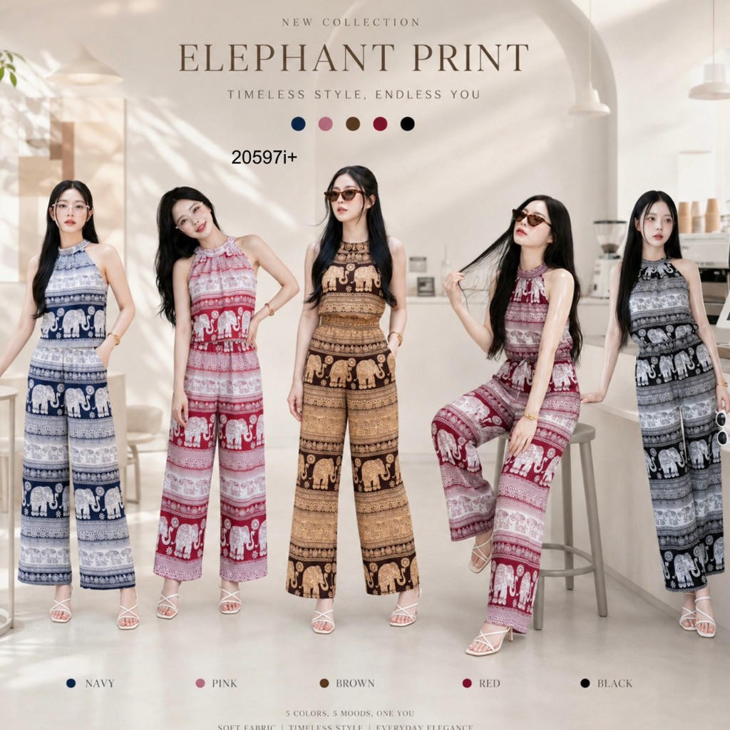 TT20597 set 2 ชิ้นเสื้อแขนกุด ลายช้าง  กางเกงขายาวลายช้าง กางเกงช้าง