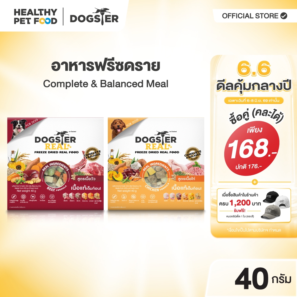 [New] Dogster Real ด็อกสเตอร์ เรียล /อาหารฟรีซดราย /สูตรเนื้อวัว / เนื้อไก่ /อาหารมื้อหลักสุนัข