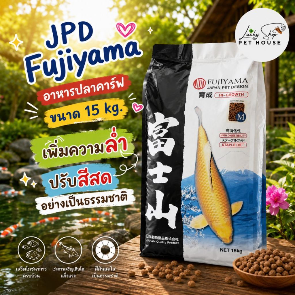 อาหารปลาคาร์ฟ ขนาด 15 kg. JPD Fujiyama เจพีดี เพิ่มความล่ำ ปรับสีสดอย่างเป็นธรรมชาติ โปรตีน 35%