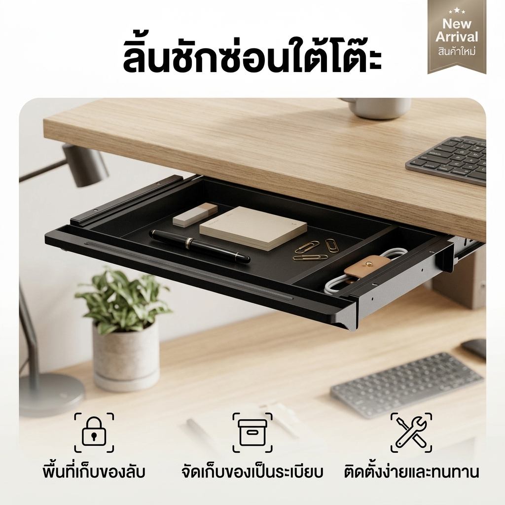 Drawer ลิ้นชักเก็บของแบบสไลด์ ใต้โต๊ะ วัสดุแข็งแรง รับน้ำหนัก15Kg ไม่ต้องเจาะ จัดระเบียบบ้าน