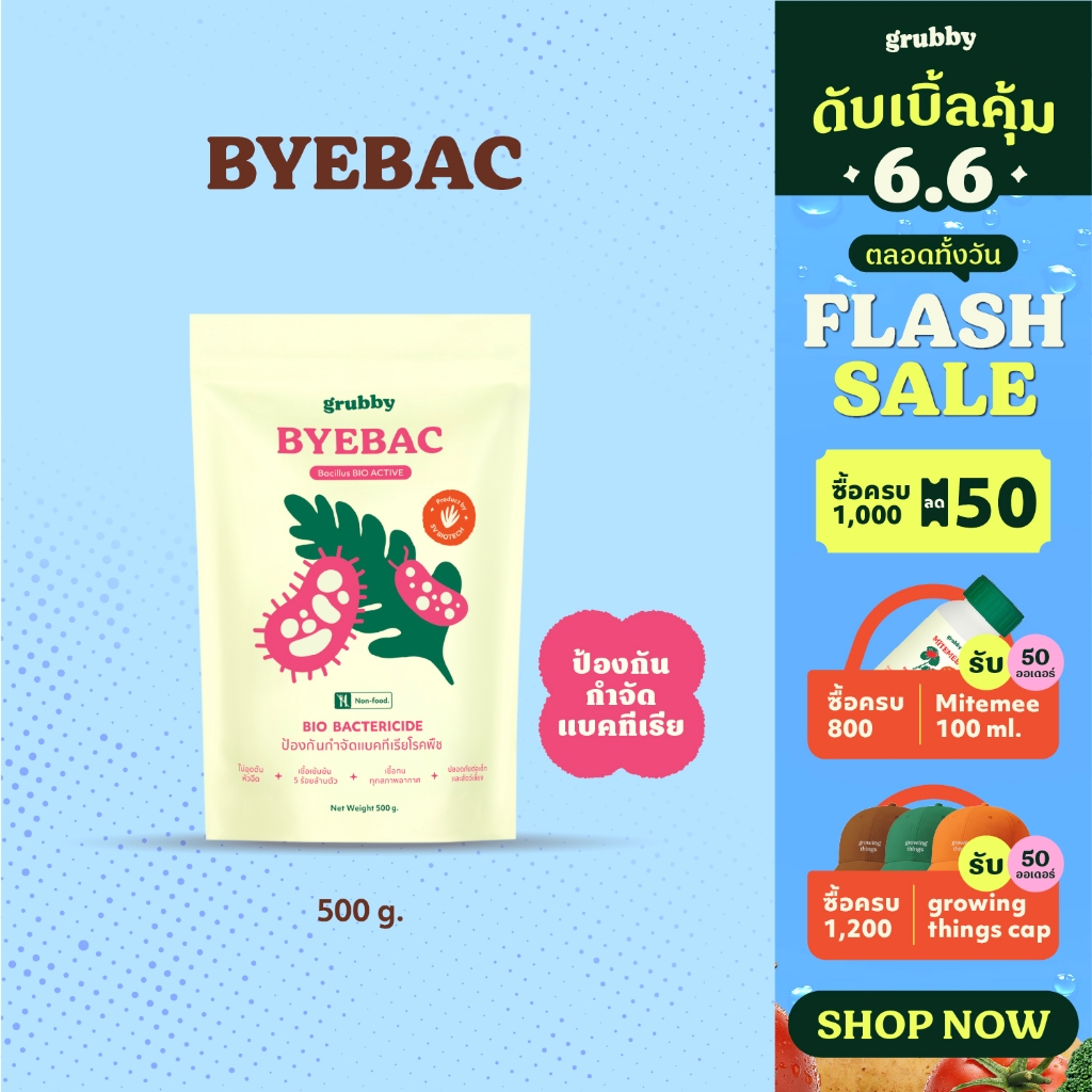 บายแบค (Byebac) 500g เชื้อแบคทีเรียบาซิลลัสคุณภาพสูง ป้องกันโรคเหี่ยว โรคแคงเกอร์ โรคใบจุดกุหลาบ ราแบคเทค เอสวี SV