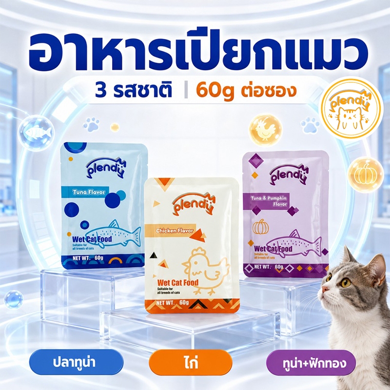Plendy เปียกแมว อาหารเปียก อาหารแมว แมวเปียก 60ก. 3 รสชาติ สุขภาพดี