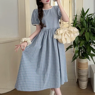 STYLE#เดรสแขนสั้นสีฟ้าลายตาราง หญิง สไตล์เรโทร แขนพอง ผูกเอว ทรงหลวมเกาหลี ใช้ได้หลายโอกาส เหมาะหน้าร้อน#99399