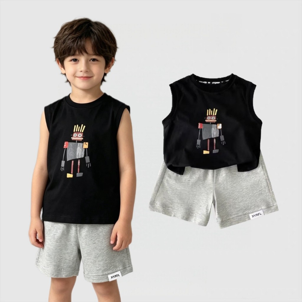 BB313 ชุดเซ็ตเด็กชายลายหุ่นยนต์สุดเท่ เสื้อกล้ามสีดำ กางเกงขาสั้นสีเทา