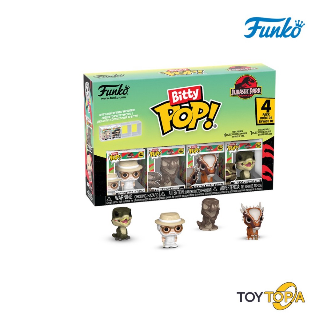 (92954)John Hammond, Tyrannosaurus Fossil, Stygimoloch, Velociraptor Bitty POP!: Jurassic Park by Funkoo (Pack 4)