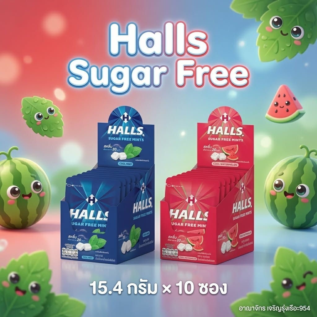 [แพ็ค10ซอง] Halls Sugar Free ฮอลล์ คลู ชูการ์ฟรี เม็ดอมปราศจากน้ำตาล กลิ่นสเปียร์มินต์ กลิ่นแตงโม 15.4g