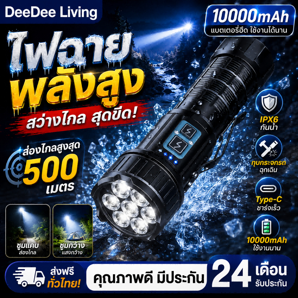DeeDee ไฟฉาย แคมป์ปิ้ง กันน้ำ ทนแรงกระแทก ไฟฉายสว่างมาก ไฟฉายพกพา สว่างมาก พร้อมคลิปหนีบปากกา ชาร์จ USB สําหรับตั้งแคมป์
