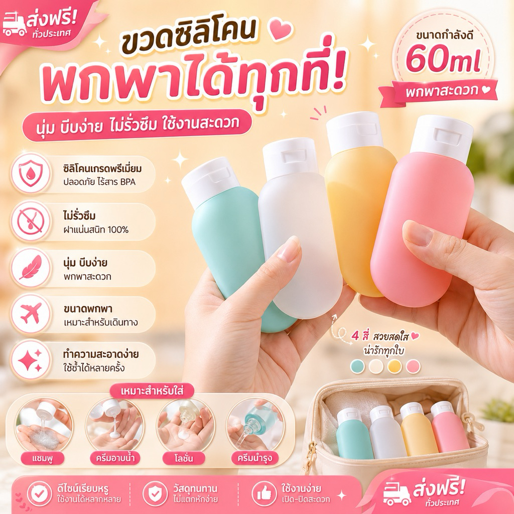 kingshopping（6013）ขวดโลชั่นแบบพกพา ขวดรีฟิล สำหรับโลชั่น แชมพู เจลอาบน้ำ ขนาด 60มล.