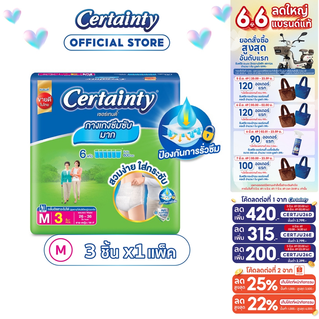 Certainty SuperPants กางเกงซึมซับ เซอร์เทนตี้ ซุปเปอร์แพ้นส์ ไซส์ M ขนาดทดลอง 3 ชิ้น