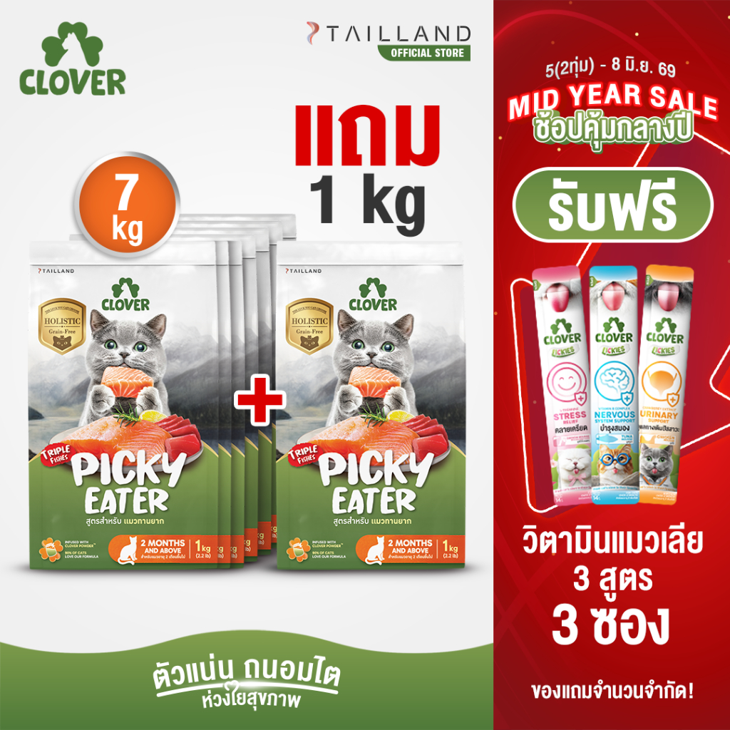 (7 แถม 1kg) Clover สูตร Picky Eater กินยาก กินแน่ สำหรับแมวทานยาก อาหารแมว holistic grain-free ตัวแน่น ถนอมไต