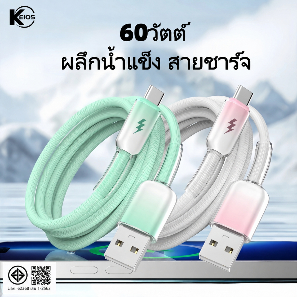 ต้นฉบับ 60วัตต์ สายชาร์จเร็วสำหรับอุปกรณ์ Android Type-C ios Ice คริสตัล ไล่ระดับ ถักเปีย สายชาร์จ Super Fast Chargging