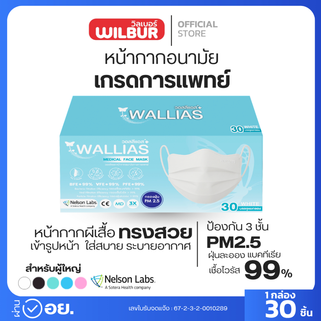 หน้ากากอนามัยทรงผีเสื้อ medical face mask ยี่ห้อ Wallias หนา 3 ชั้น 1กล่อง30ชิ้น ใส่สบาย หายใจสะดวก