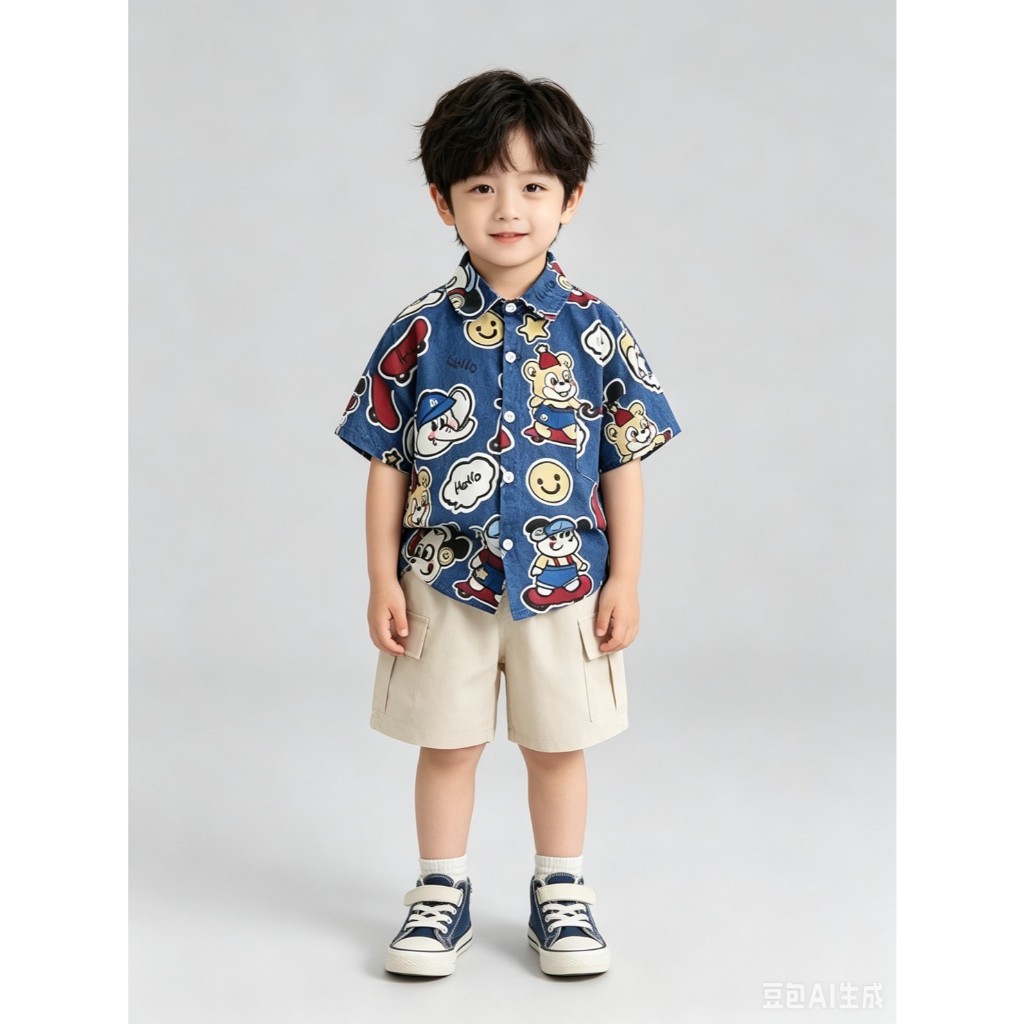 BB306 ชุดเด็กฤดูร้อน เสื้อเชิ้ตลายการ์ตูนหน้ายิ้ม รูปที่ 4