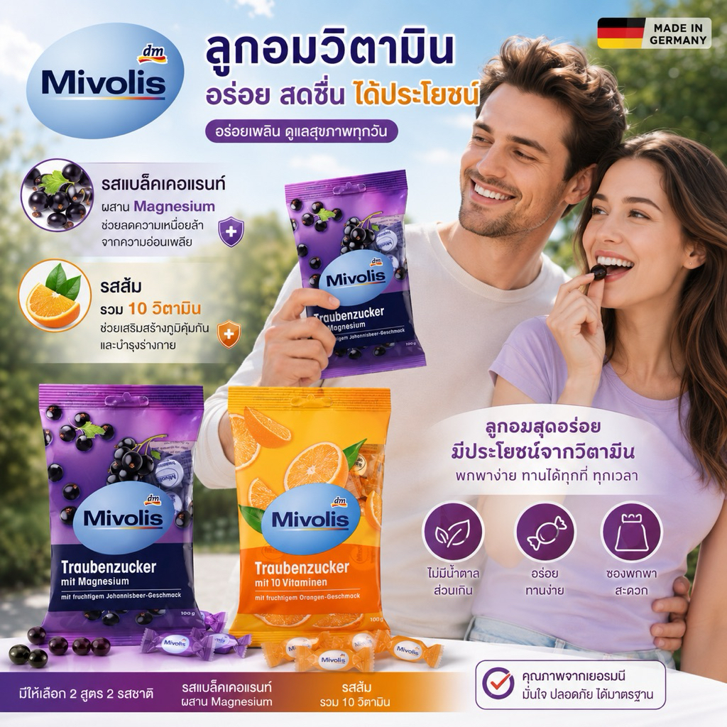 Mivolis ลูกอมวิตามินแมกนีเซียม รสองุ่น และ ลูกอมวิตามินรวม 10 ชนิด รสส้ม จากเยอรมัน
