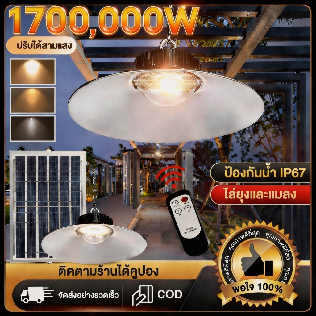 ไฟโซล่าเซล ไฟโซล่าเซลล์ติดเพดาน 1700,000W โคมวินเทจ แสงสีขาว/เหลือง/อุ่น โคมไฟติดผนัง ไฟสปอร์ตไลท์ หลอดไฟวินเทจ