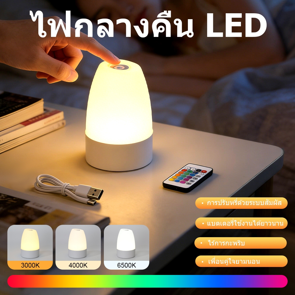 CANMEIJIA RGB ไฟกลางคืน โคมไฟเตียง LED สัมผัสปรับแสง มีรีโมท โคมไฟชาร์จUSB พกพาได้ เหมาะห้องนอนห้องรับแขก