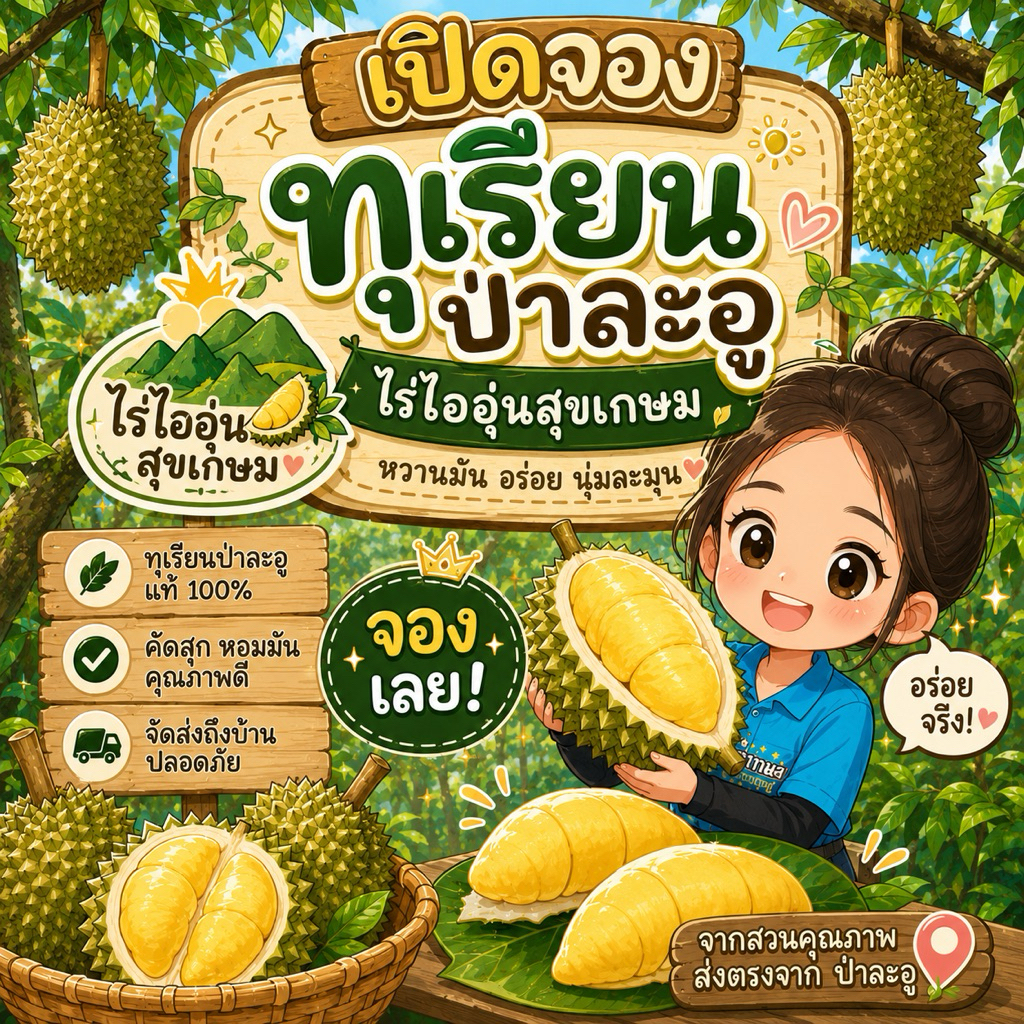 ทุเรียนป่าละอูแท้ 100% ไร่ไออุ่นสุขเกษม 4-5กิโลกรัม จะได้ 2 ลูก รวม5กิโลกรัม