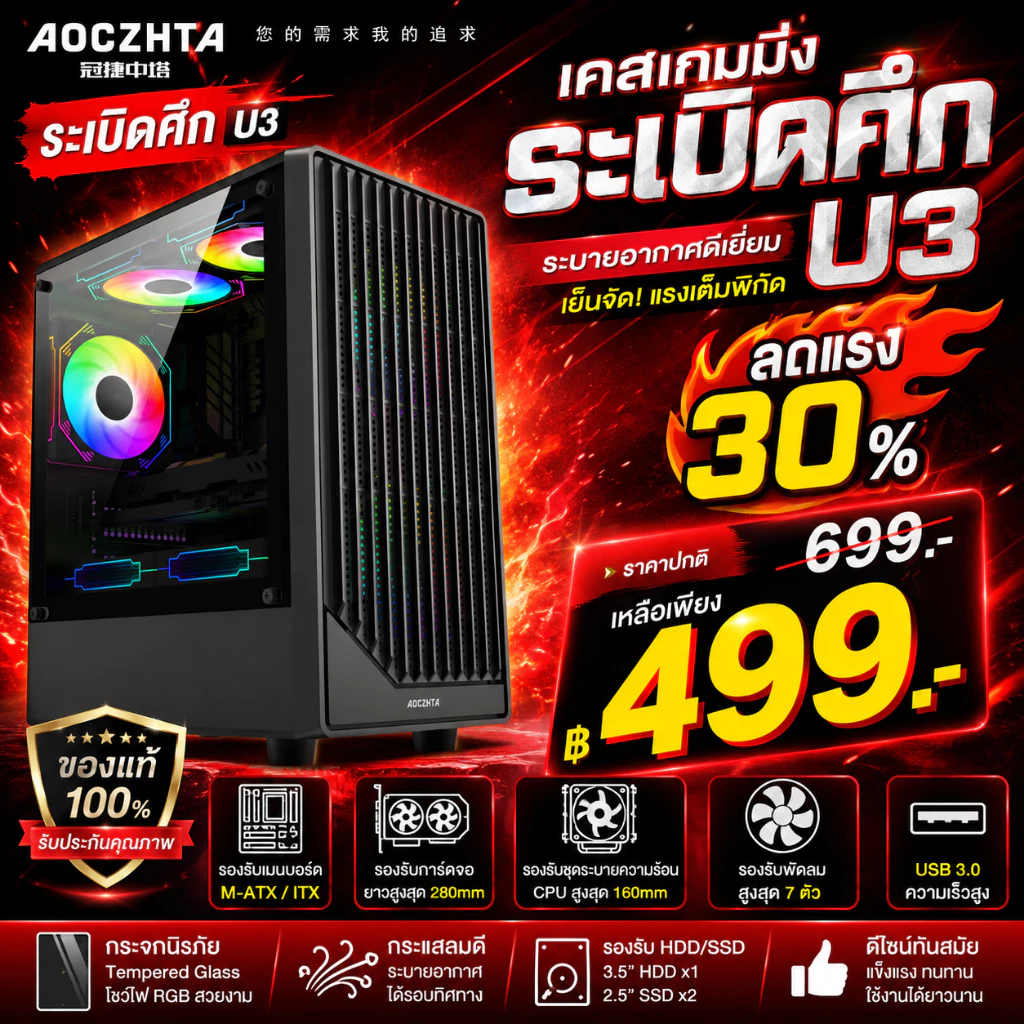เดโมแมน AOCZHTA Demolitionist Black U3 - M-ATX/ ITXเคสคุณภาพสูงสำหรับเล่นเกมและใช้งานในสำนักงาน พร้อมหน้าต่างด้านข้า