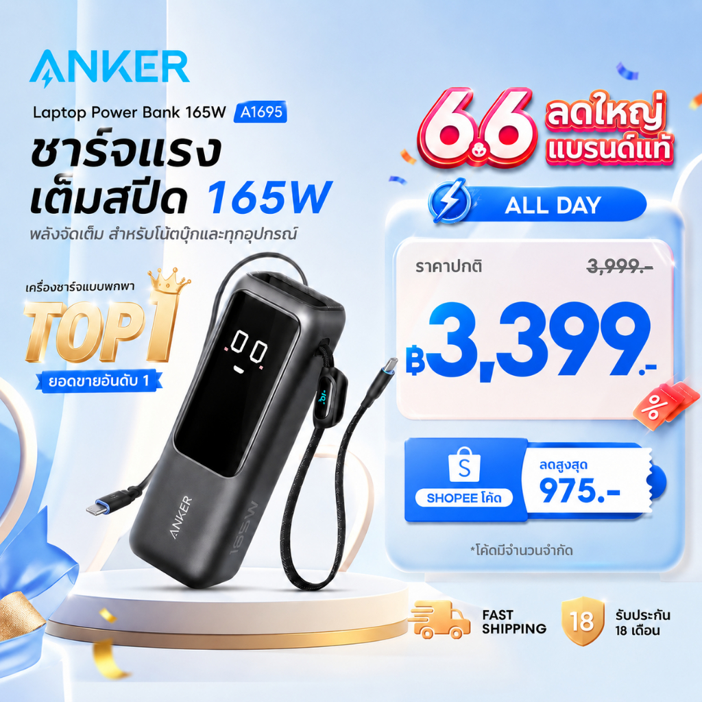 [CCC]Anker Laptop PowerBank 25000mAh 165W พาวเวอร์แบงค์ สายชาร์จในตัวพับเก็บได้ 70CM for iPhone 17/Samsung/Mac A1695