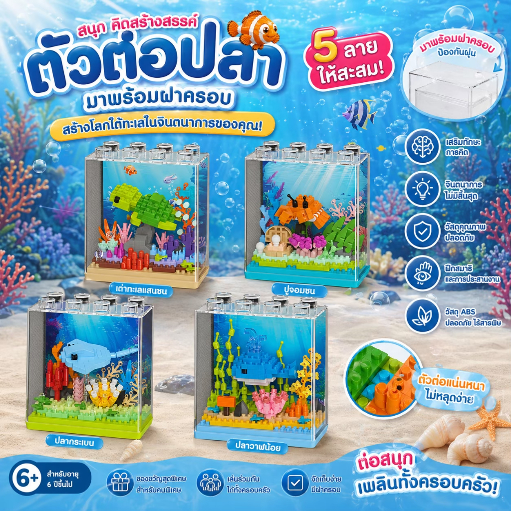 บล็อคตัวต่อสัตว์น้ำ เต่า  ปู ปลาวาฬ  ปลากระเบน พร้อมฝาครอป สำหรับประดับบ้านและตกแต่งห้อง