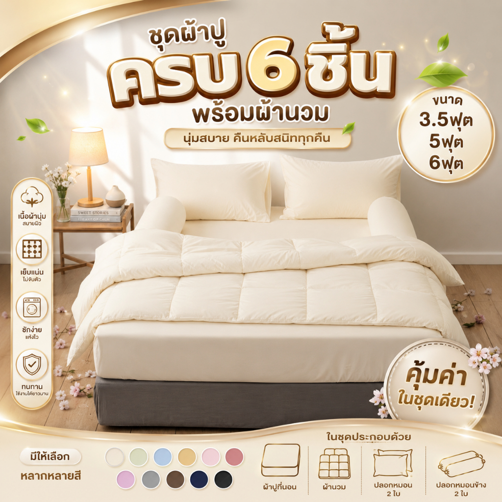 ชุดผ้าปู ครบชุด6ชิ้น พร้อมผ้าห่มนวม สีพื้น ขนาด 3.5ฟุต 5ฟุต 6ฟุต พร้อมส่ง ส่งฟรี