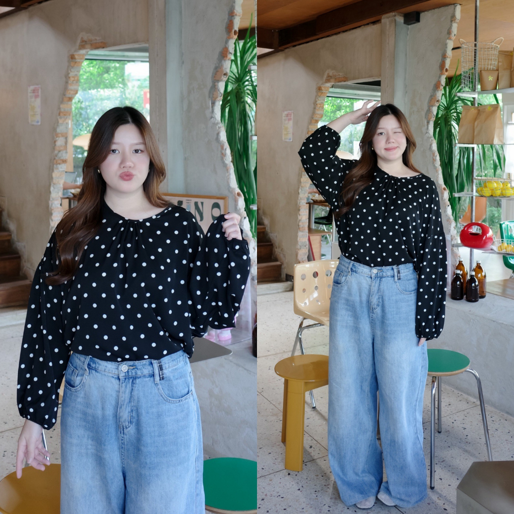(❤️ อกถึง 68") Round Dot Top เสื้อสาวอวบ เสื้อดำโพก้าดอท