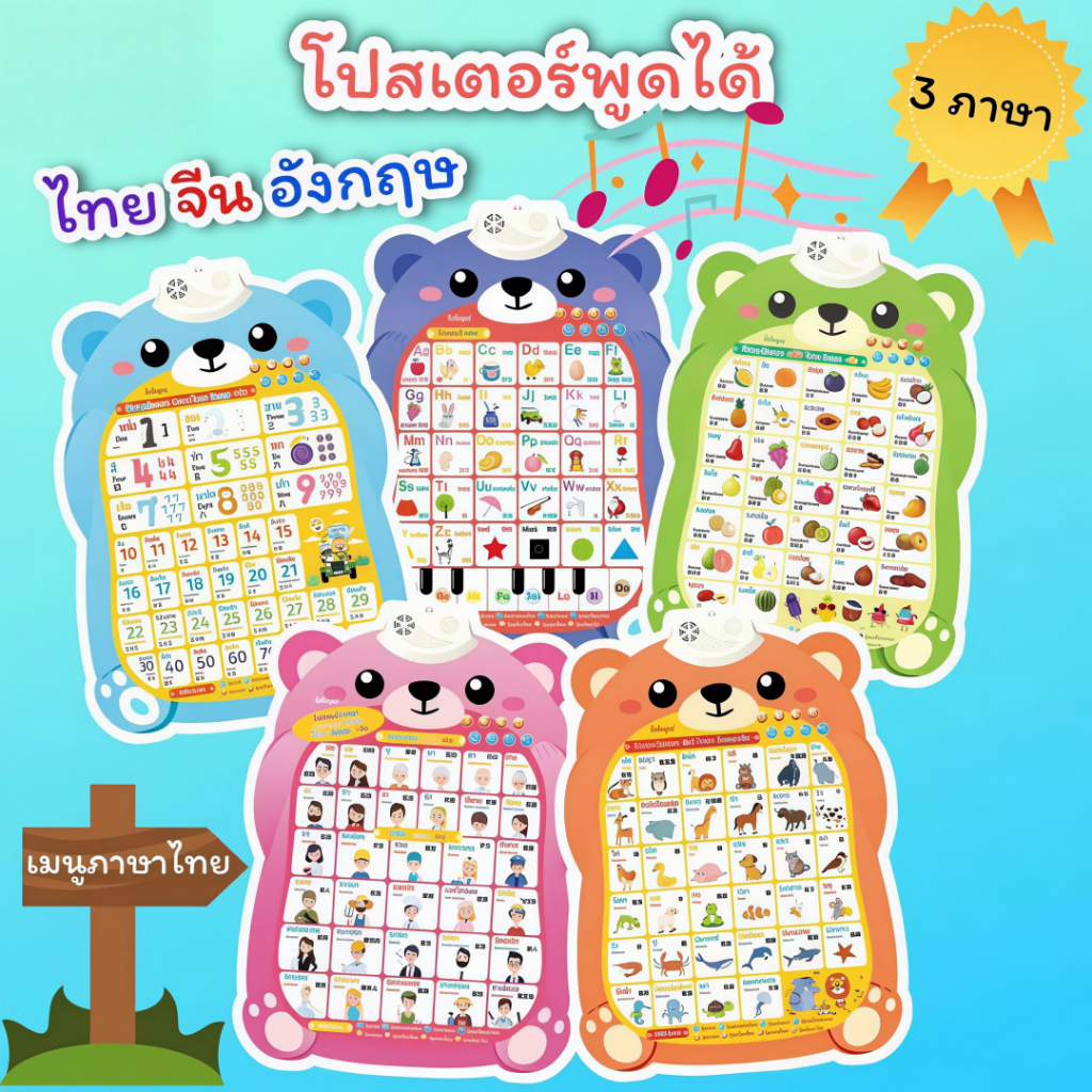 โปสเตอร์มีเสียง โปสเตอร์สอนคำศัพท์ พูดได้ 3 ภาษา ไทย ภาษาอังกฤษ จีน โปสเตอร์พูดได้ ของเล่นเสริมพัฒนาการเด็ก