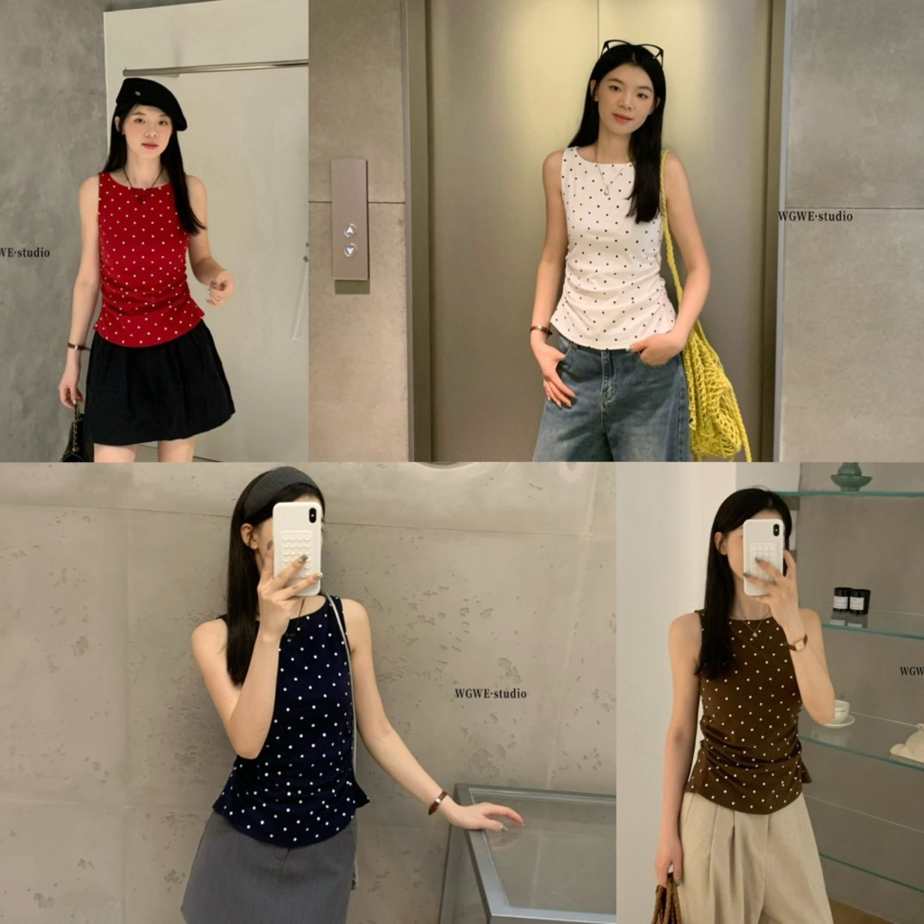 9848# เสื้อคอกลมแขนกุด ลาย polka dot มีเชือกผูกโบว์ช่วงเอว ด้านหลัง เนื้อผ้าดี งานสวย  TAG:WG.WE 🇰🇷