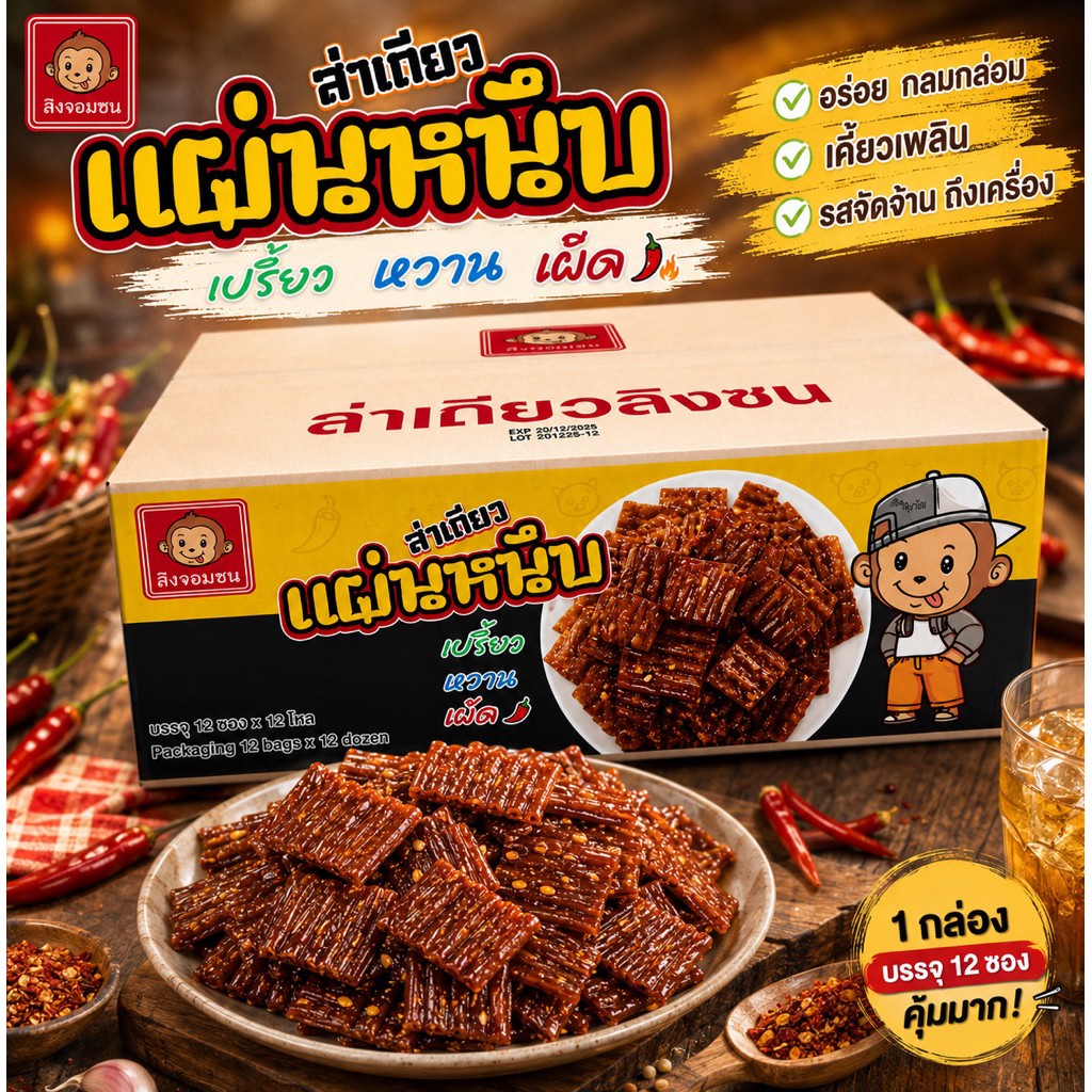 ล่าเถียวแผ่นหนึบ 3 รส เปรี้ยว หวาน เผ็ด ตราลิงจอมซน (ยกลัง 12 แพค 144 ซอง)