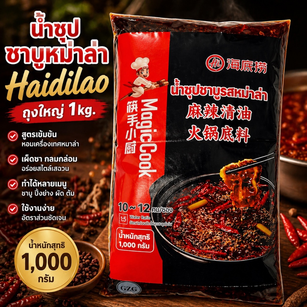 ( ถุง1กิโล)HaiDilao ถุงใหญ่ น้ำซุปชาบูหม่าล่า หม่าล่าสไตล์เสฉวน