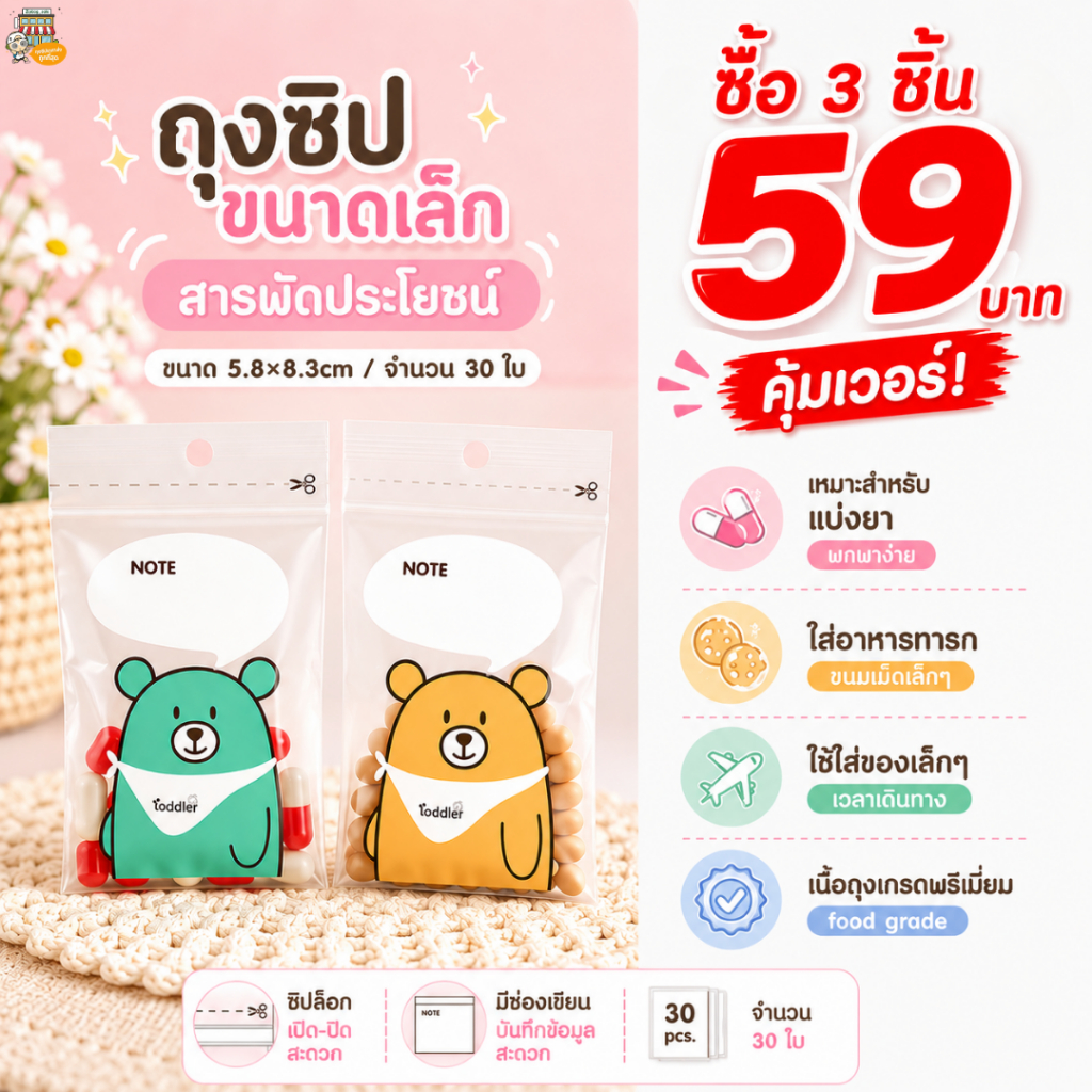 ถุงซิป Toddler ราคาส่ง ใช้ใส่ยา ลูกอม เครื่องประดับ เหรียญ กระดุม ขนาดพอดี 5.8×8.3cm (30 ใบ/แพค)