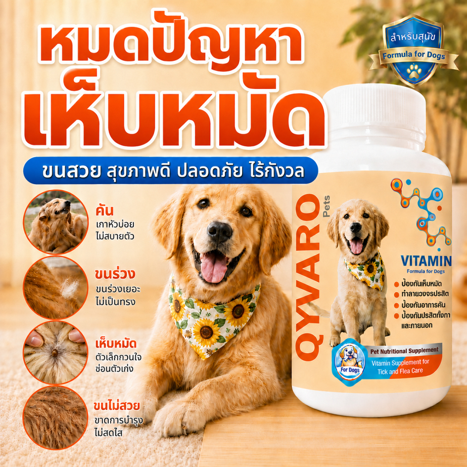 Qyvaro เสริมอาหารสุนัข ป้องกันเห็บหมัด แบบกิน ทำลายวงจรปรสิต ลดคัน ปรสิตภายใน