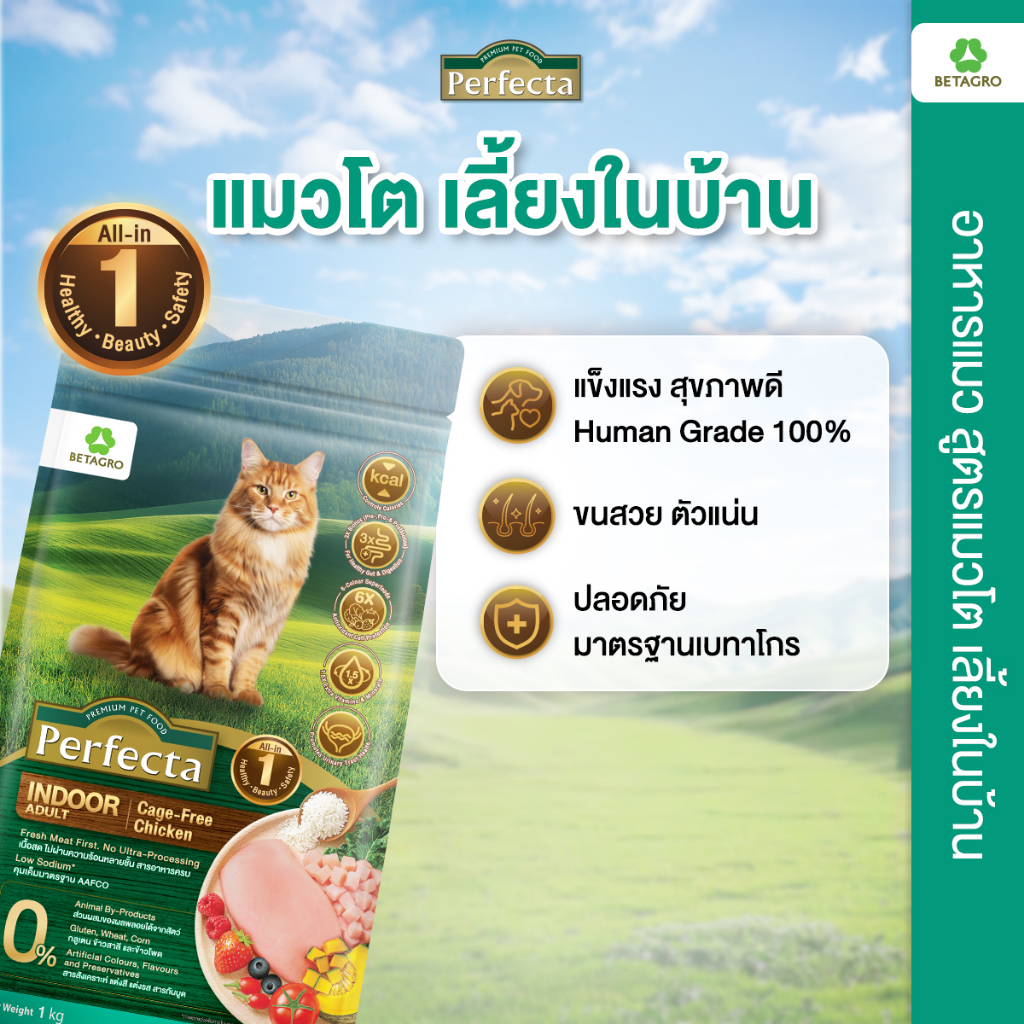 Perfecta อาหารแมว เกรดพรีเมี่ยม แมวโต อายุ 1 ปี ขึ้นไป สูตรเลี้ยงในบ้าน  เนื้อสดแท้ Human grade ขนาด 5 กก.