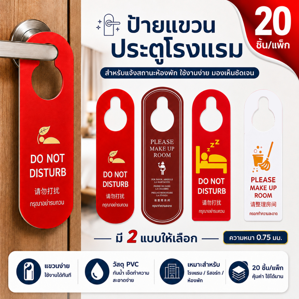 20PCS ป้ายแขวนประตู ป้ายห้ามรบกวน ป้าย Do Not Disturb ป้ายห้ามรบกวนหน้าห้อง 1แผ่นมี 2 หน้า ป้ายห้ามรบกวน PVC วัสดุทนทาน