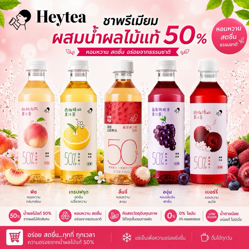 HEYTEA ชาผลไม้ชื่อดัง หอมผลไม้แท้และใบชา อร่อย หวานกลมกล่อมกำลังดี ขนาด450ml.