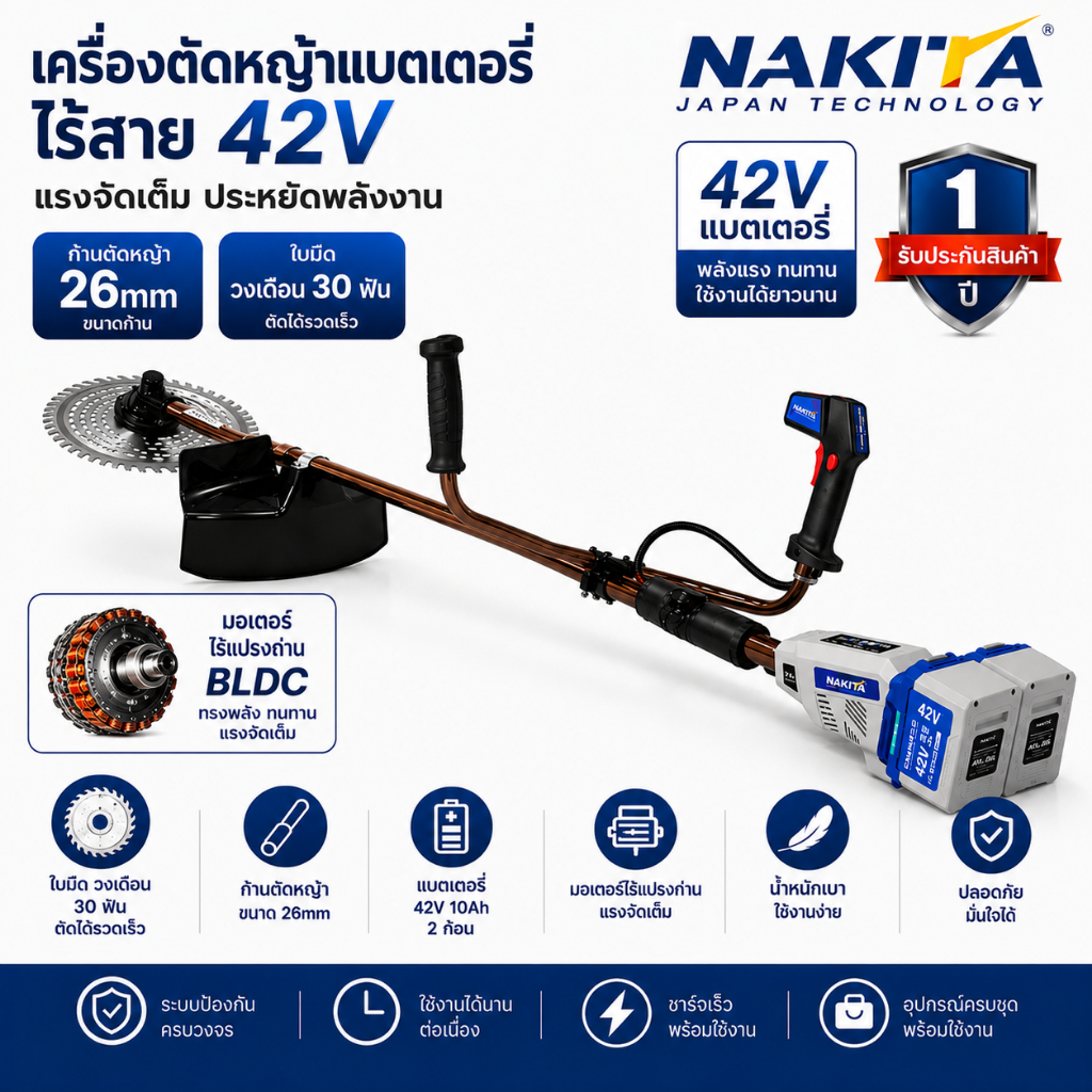 เครื่องตัดหญ้าแบต 42V   ไร้แปรงถ่าน หัวเกียร์ 26mm9ฟัน ทรงน้ำมัน น้ำหนักเบา  New Premium Plus+ (BLDC) เครื่องตัดหญ้าแบตเ