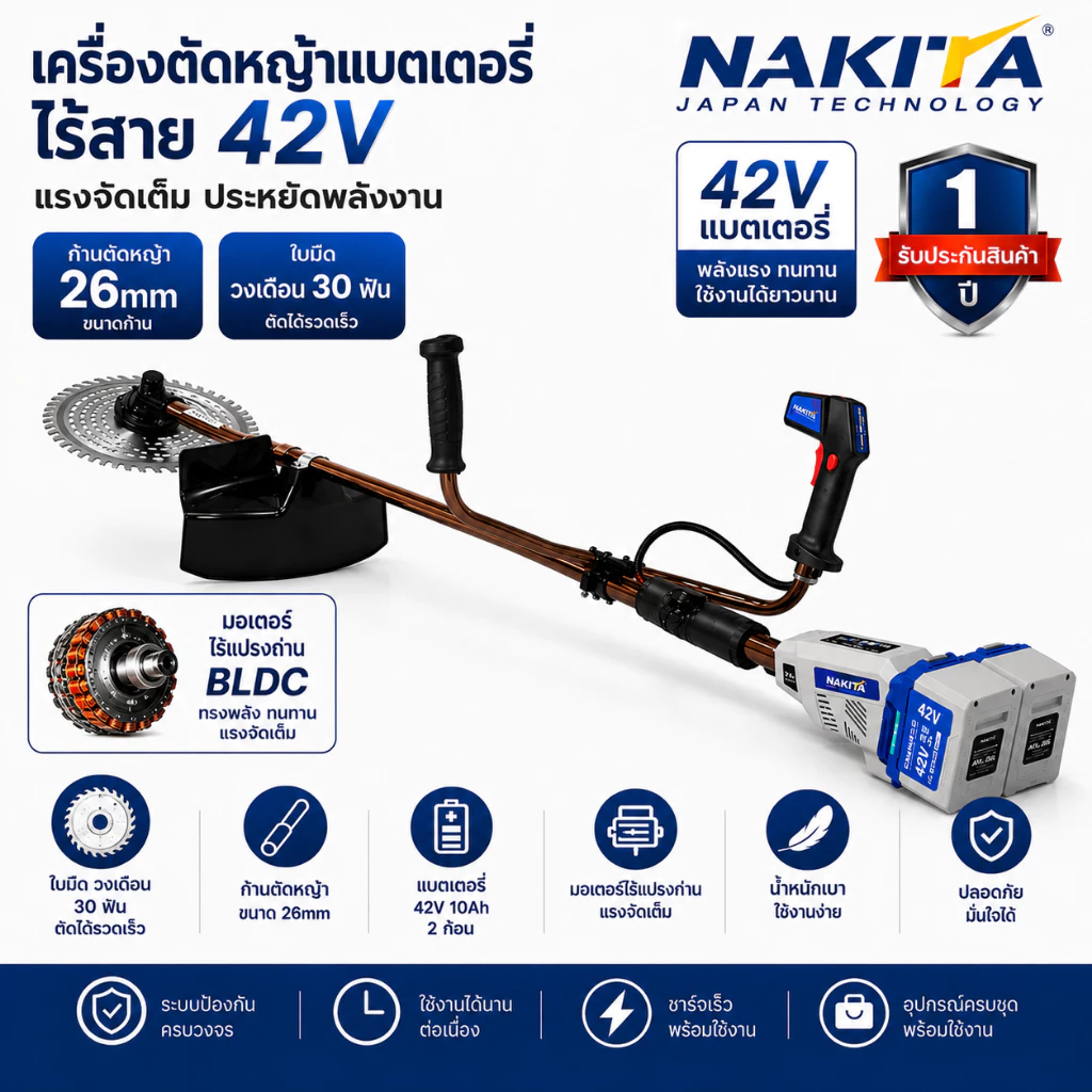เครื่องตัดหญ้าแบต 42V ไร้แปรงถ่าน หัวเกียร์ 26mm9ฟัน ทรงน้ำมัน น้ำหนักเบา New Premium Plus+ (BLDC) เครื่องตัดหญ้าแบตเ