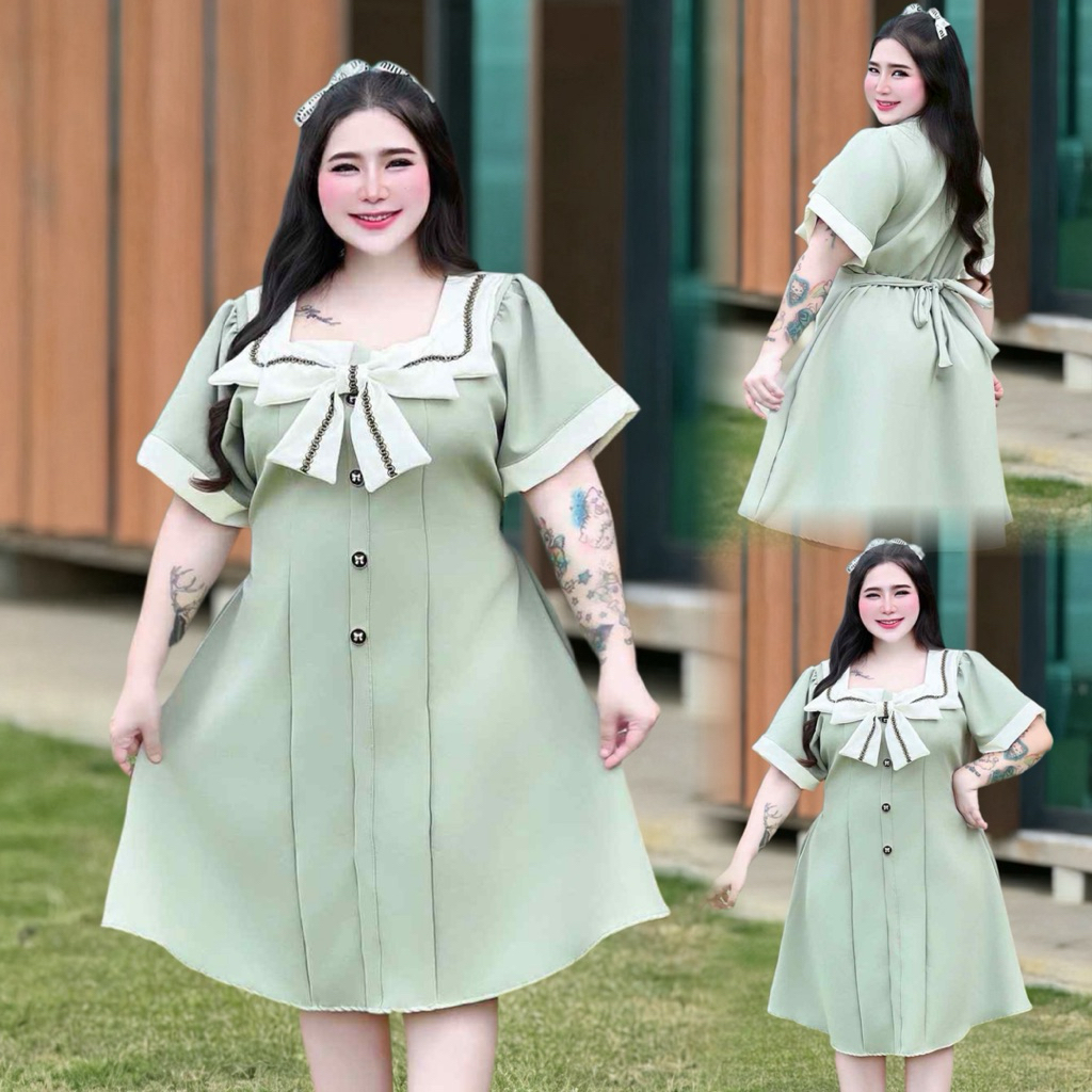 S172เดรสคอเหลี่ยมแต่งโบว์ใหญ่สีขาว ผ้าบาร์บี้ มี3ไซส์ L XL 2XL อก40-60นิ้ว สะโพก60-88นิ้ว ใส่เที่ยวหรือออกงานได้