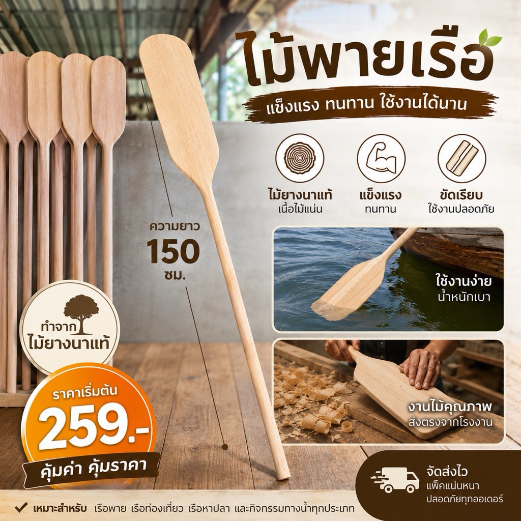 ไม้พาย ไม้พายเรือ ยาว 150 ซม. แข็งแรงและราคาดีที่สุด‼