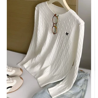 พร้อมส่ง! เสื้อไหมพรมคอกลม ลายถักเปียสุดคิ้วท์ ปักลายม้าน่ารัก เนื้อนุ่มใส่สบายมาก