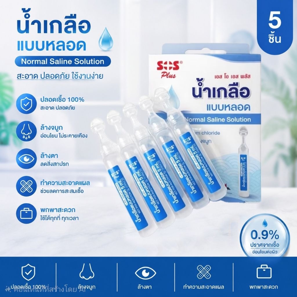 น้ำเกลือแบบหลอด Sos plus 5 ml. น้ำเกลือเด็ก น้ำเกลือปลอดเชื้อ