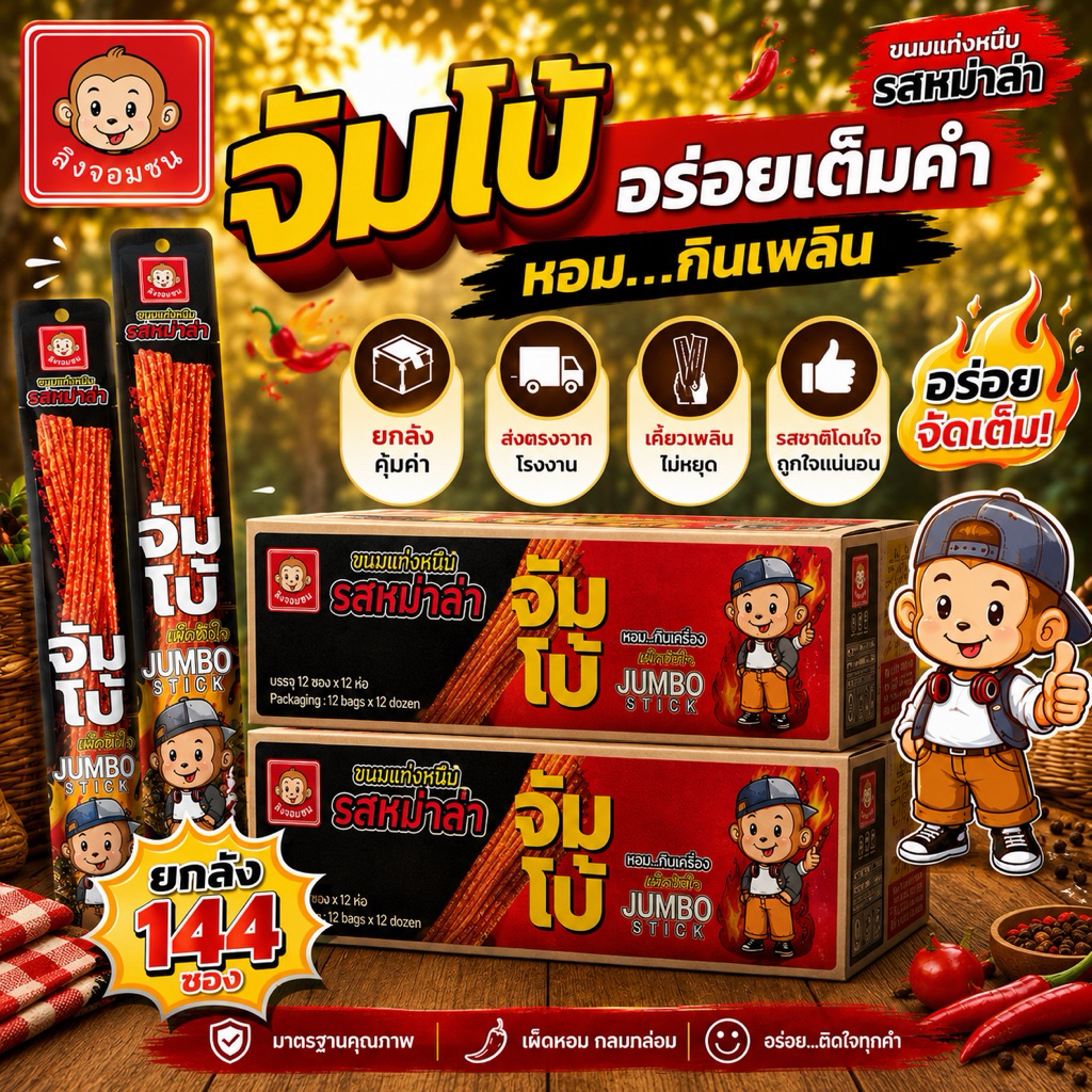 ขนมแท่งหนึบจัมโบ้ รสหม่าล่า/โรยสาหร่าย ตราลิงจอมซน  (ยกลัง 12 แพค 144 ซอง)