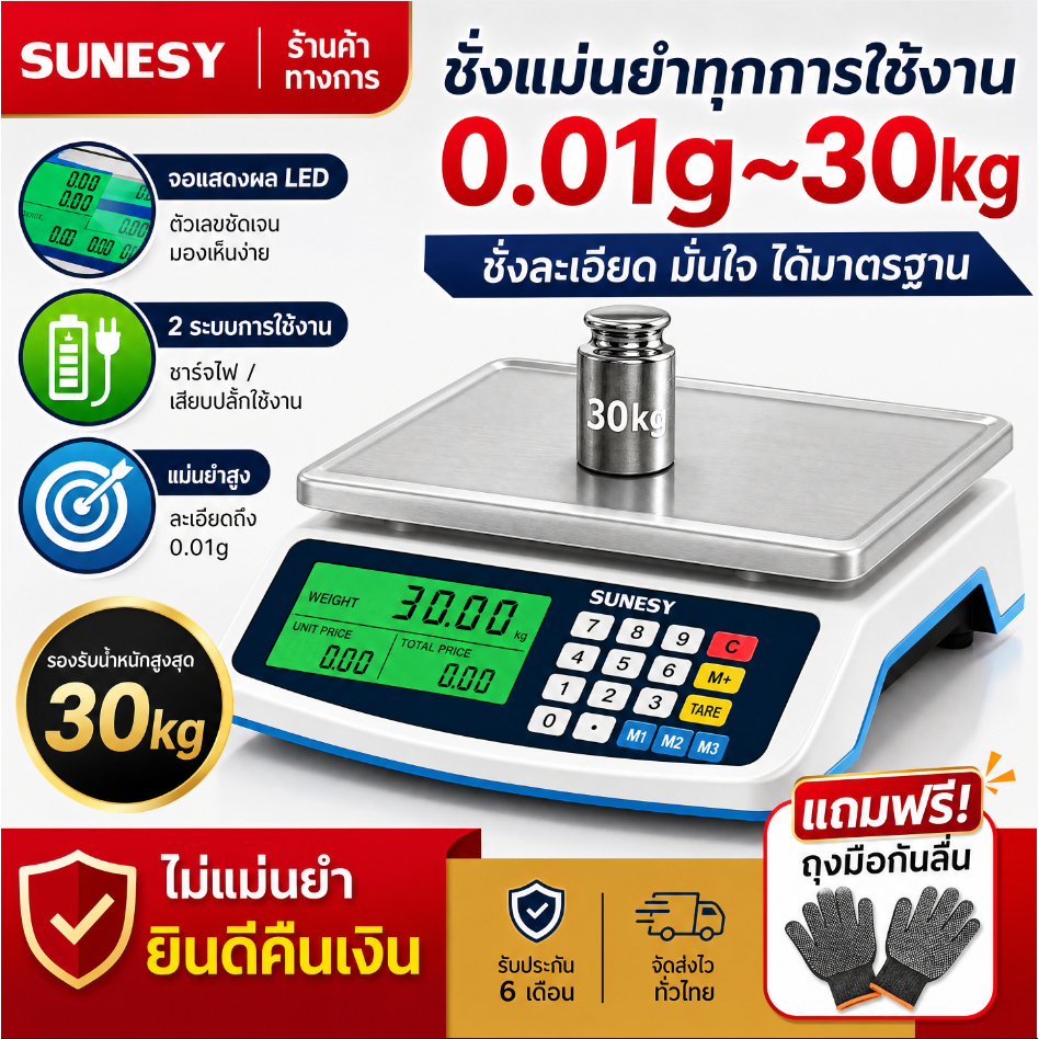 【จัดส่งจากไทย】SUNESYตาชั่งดิจิตอล ชั่งได้1g-30kg จอLED กันน้ำ ใช้ได้ทั้งเสียบสายและไร้สาย เครื่องชั่ง เครื่องชั่งดิจิตอล