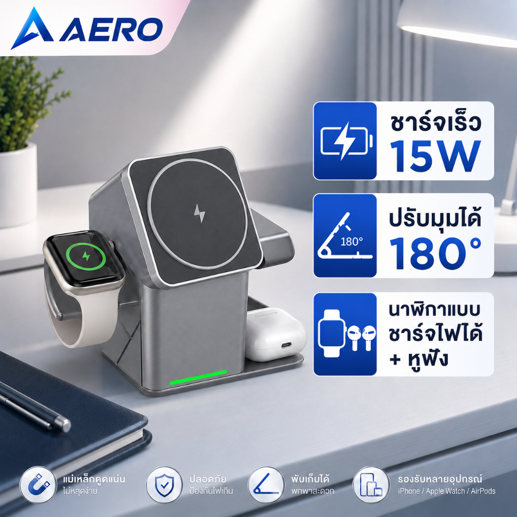 AERO Magnetic 3 in 1 Wireless Charger สําหรับ Phone 14 15 16 17 Pro Max 12 15W สถานีชาร์จไร้สายสําหรับนาฬิกา/Pods Pro