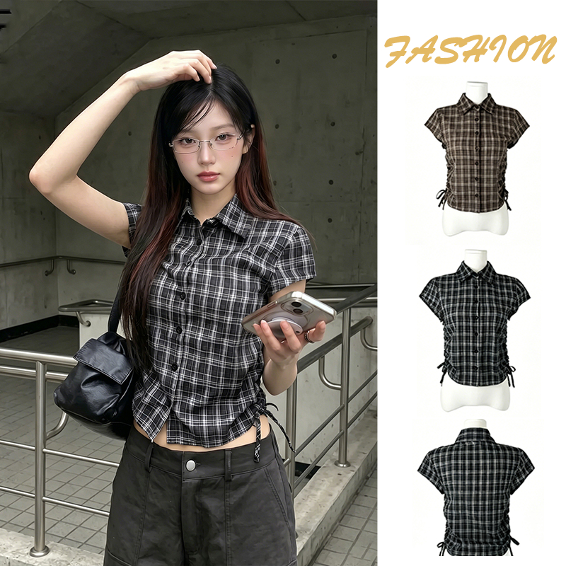 w725สต็อกไทยพร้อมส่ง เสื้อเชิ้ตแขนสั้นลายตารางทรงสั้น ผู้หญิง ดีไซน์เชือกดึงรัดเอวซ่อนไขมัน รุ่นใหม่ฤดูร้อน สไตล์เกาหลี