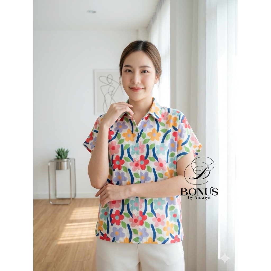 เสื้อเชิ้ตลินินญี่ปุ่นพิมพ์ลาย ดีเทล เพิ่มความน่ารัก เนื้อผ้าใส่สบายระบายอากาศดีเยี่ยม