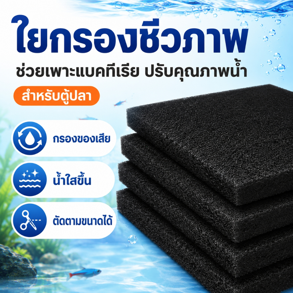 ไส้กรองชีวภาพ ฟองน้ำกรองตู้ปลา เพาะแบคทีเรีย เพิ่มออกซิเจน น้ำใสเร็ว กรองของเสีย ใช้ซ้ำได้