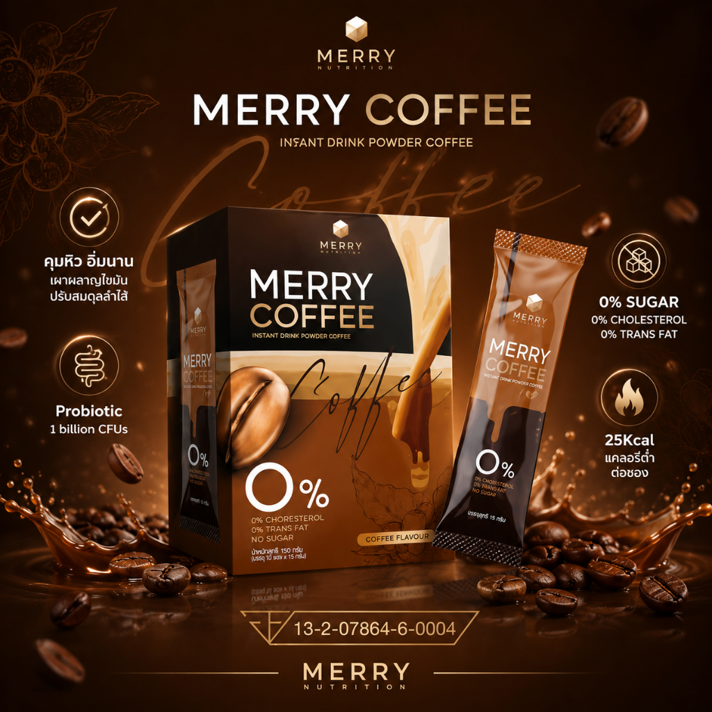 [1 ซอง] Merry Coffee Drink กาแฟคุมหิว สูตรโพรไบโอติกส์