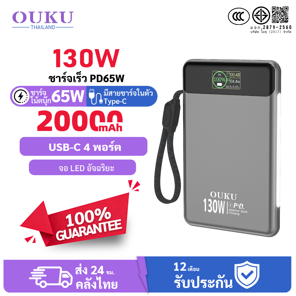 Power bank OUKU RK2-P100 20000mAh 130W Fast Charge PD65W สายในตัว Type-C LED พาวเวอร์แบงก์