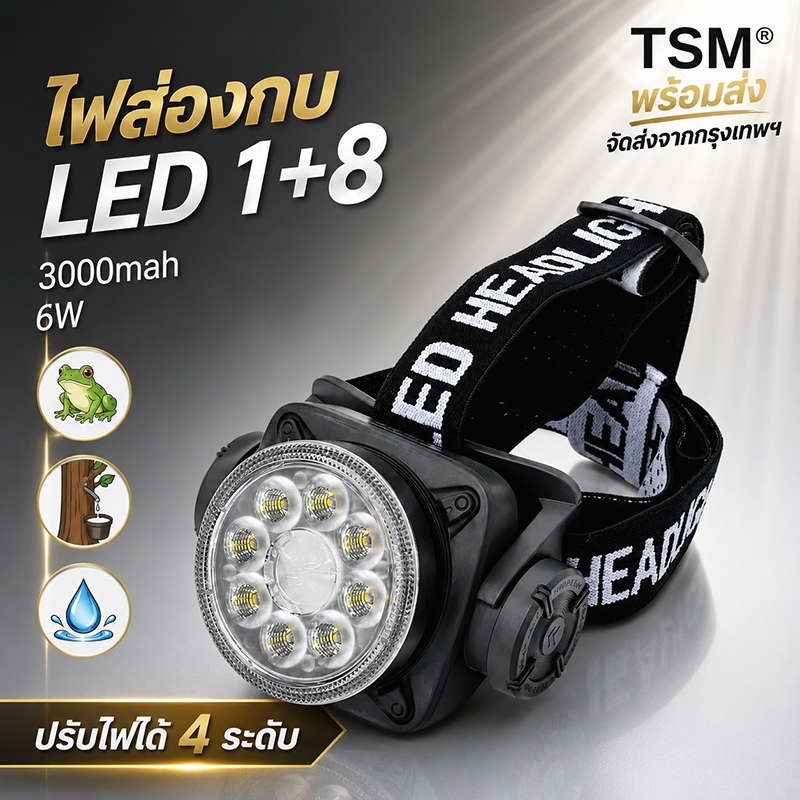 ไฟคาดหัว LED 1+8  แสงขาว 3000mAh ชาร์จ Type-C ปรับไฟได้ 4 ระดับ ไฟฉายคาดหัว เดินป่า KM-2931